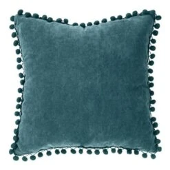 Coussin A Pompons - 40 X 40 Cm - Bleu Canard