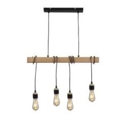 DETROIT Suspension Industrielle 4 Tetes En Bois - 7 X 70 X H150 - Noir - Ampoules Décoratives E27 40W Fournies