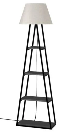 Lampadaire 4 étagères Tissu Beige Clair Et Bois Anthracite Kasper 165 Cm