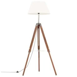 Lampadaire à Trépied Marron Miel Et Blanc Bois De Teck 141 Cm