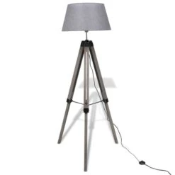 Lampadaire Trépied Réglable En Bois Et Abat-jour En Tissu Gris