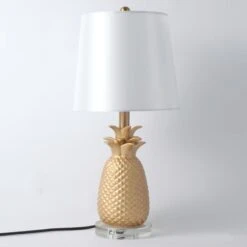 Lampe De Table Tissu Blanc Et Pied Ananas Doré Danas