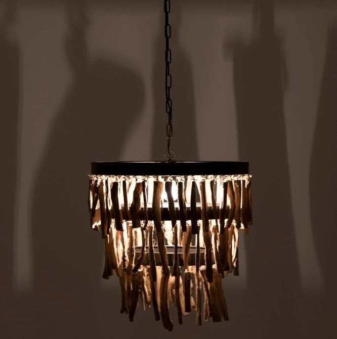 Lustre Métal Noir Et Bois Massif Foncé Cintee 5 Lustre Métal Noir Et Bois Massif Foncé Cintee – Image 3