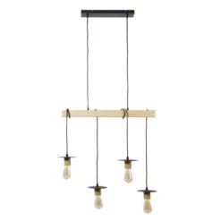 Suspension 4 Lampes - Abat-jour Disque - Métal Noir Et Bois - NEW DETROIT